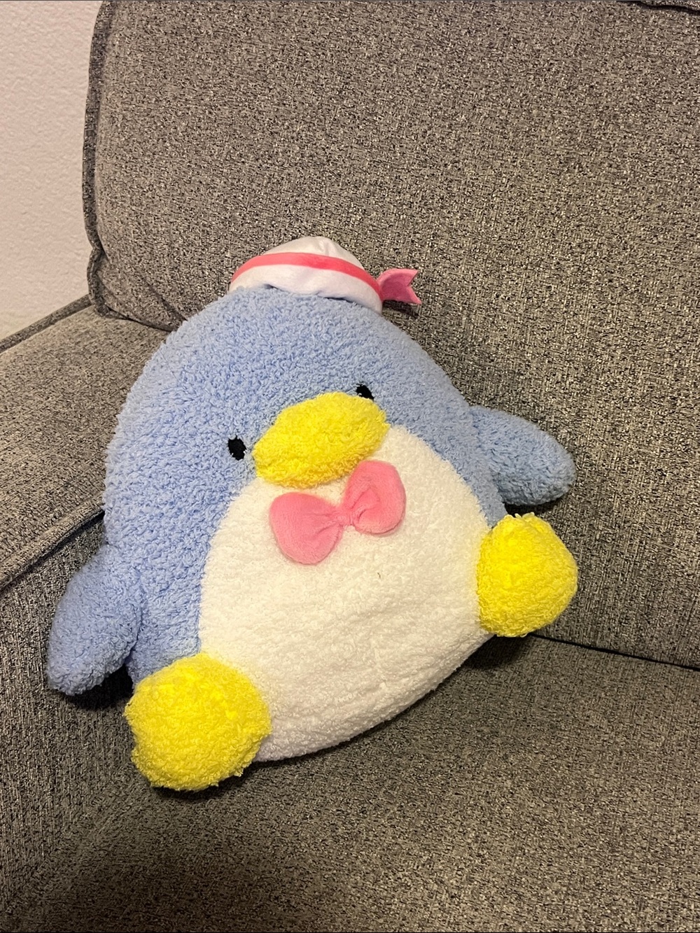 Plush Blue & White Penguin Pet Toy with Pink Bow